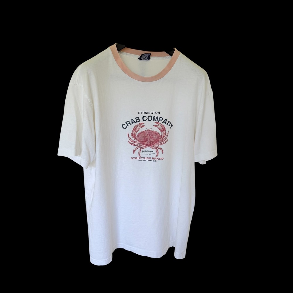 90's Structure Brand Stonington Crab Company Ringer T-Shirt White L Distressed